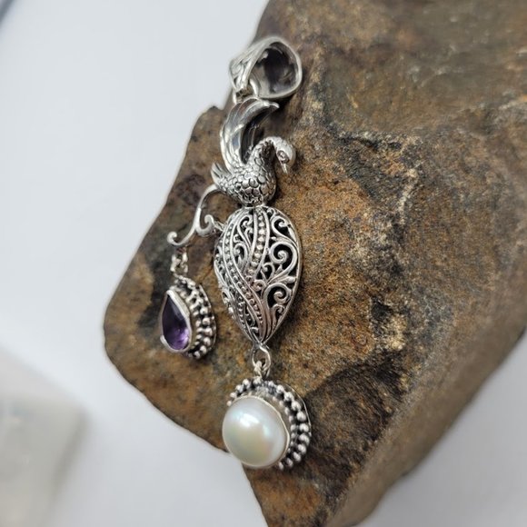 Silver Filigree Phoenix Swan Pendant Mabe Pearl Amethyst Statement Art - Picture 10 of 11